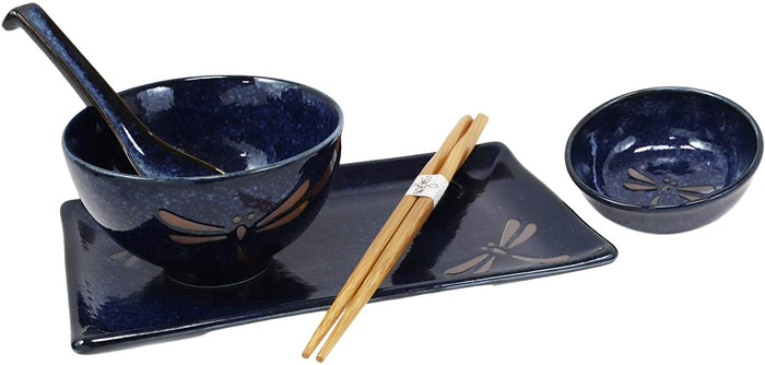 Ebros Gift Japanese Pair Of Dragonfly Blue Motif Ceramic Sushi Dinnerware 10pc Set For Two