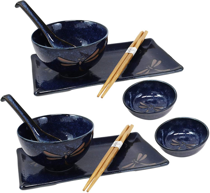 ebros gift Japanese Pair Of Dragonfly Blue Motif Ceramic Sushi Dinnerware 10pc Set For Two