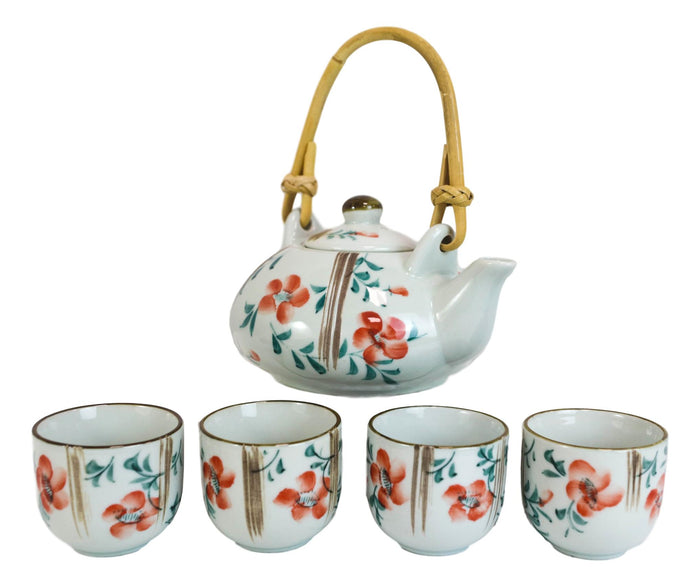 Ebros Gift Japanese Red Cherry Blossom Flowers Design Porcelain Tea Pot And 4 Cups Set