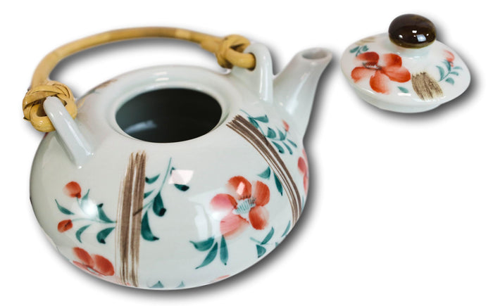 Ebros Gift Japanese Red Cherry Blossom Flowers Design Porcelain Tea Pot And 4 Cups Set