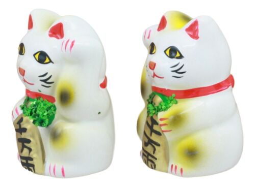 Ebros Gift Japanese Right And Left Paws Beckoning Cat Maneki Neko Ceramic Figurine Set Of 2
