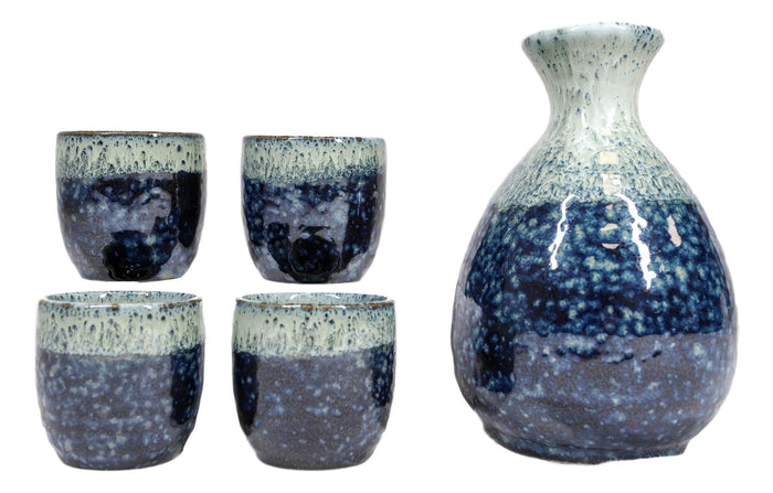 Ebros Gift Japanese Sake Set Flask With Four Cups 10oz Grey Sky Art Glazed Earthenware