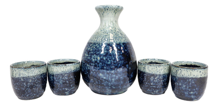 Ebros Gift Japanese Sake Set Flask With Four Cups 10oz Grey Sky Art Glazed Earthenware