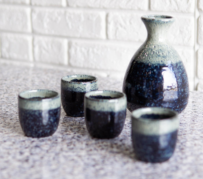 ebros gift Japanese Sake Set Flask With Four Cups 10oz Grey Sky Art Glazed Earthenware