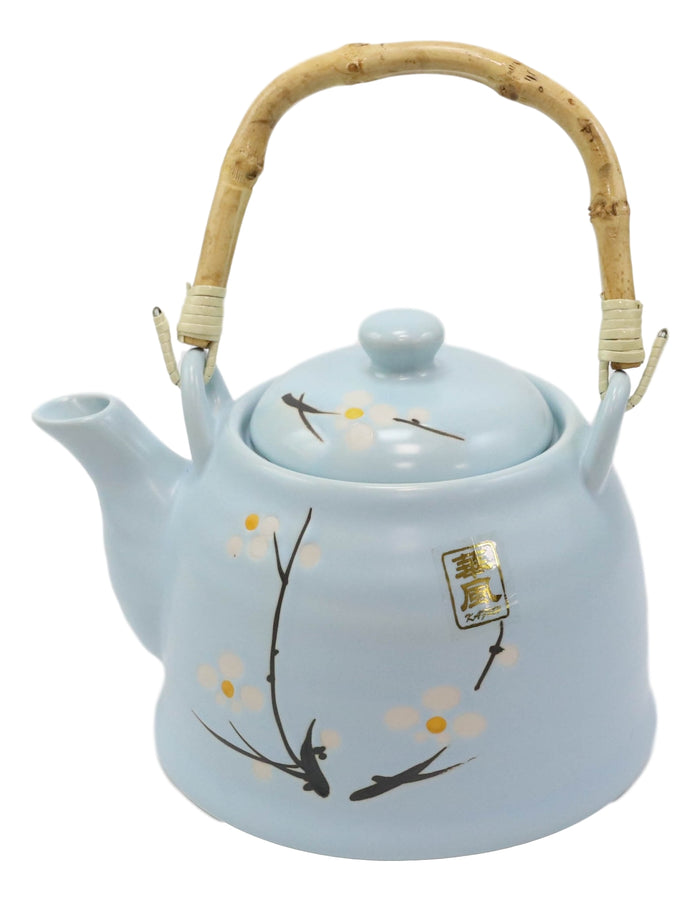 Ebros Gift Japanese Sakura Cherry Blossom Branches Pastel Blue Ceramic Tea Pot Teapot 36oz