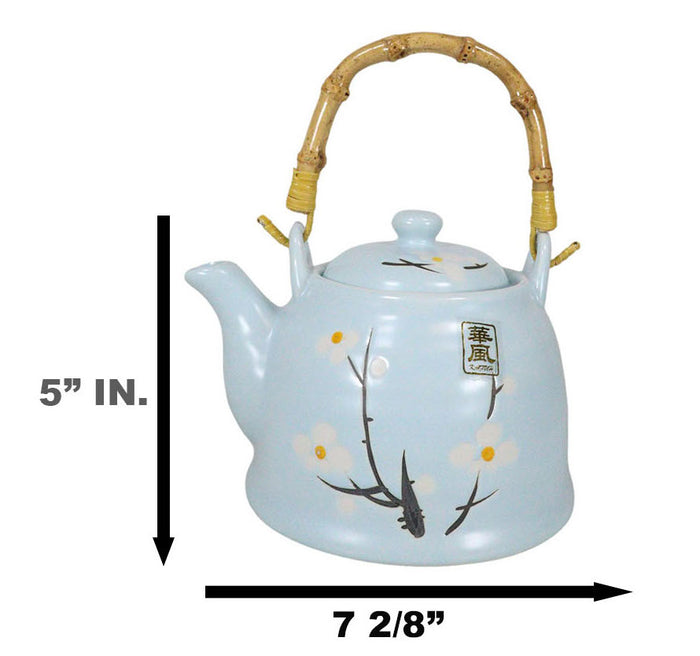 Ebros Gift Japanese Sakura Cherry Blossom Branches Pastel Blue Ceramic Tea Pot Teapot 36oz