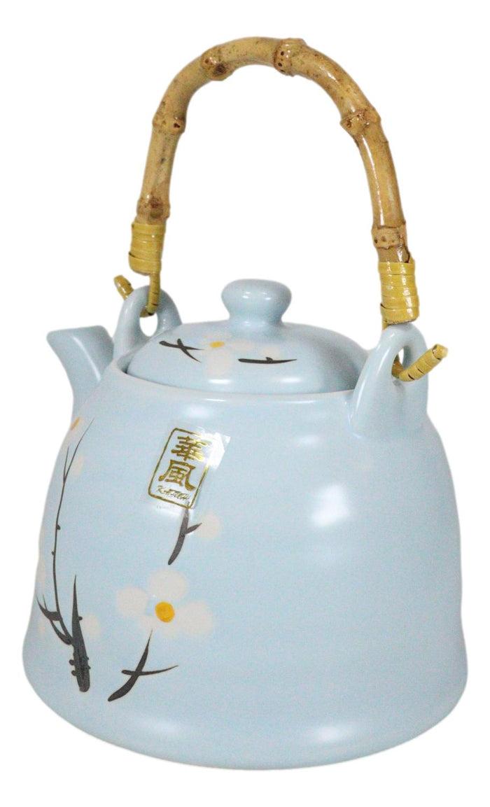 Ebros Gift Japanese Sakura Cherry Blossom Branches Pastel Blue Ceramic Tea Pot Teapot 36oz