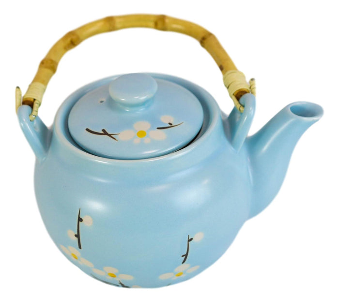 Ebros Gift Japanese Sakura Cherry Blossom Branches Pastel Blue Ceramic Tea Pot Teapot 40oz
