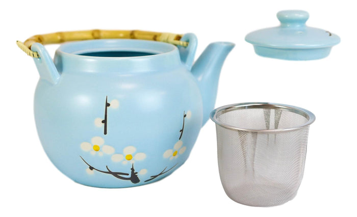 Ebros Gift Japanese Sakura Cherry Blossom Branches Pastel Blue Ceramic Tea Pot Teapot 40oz