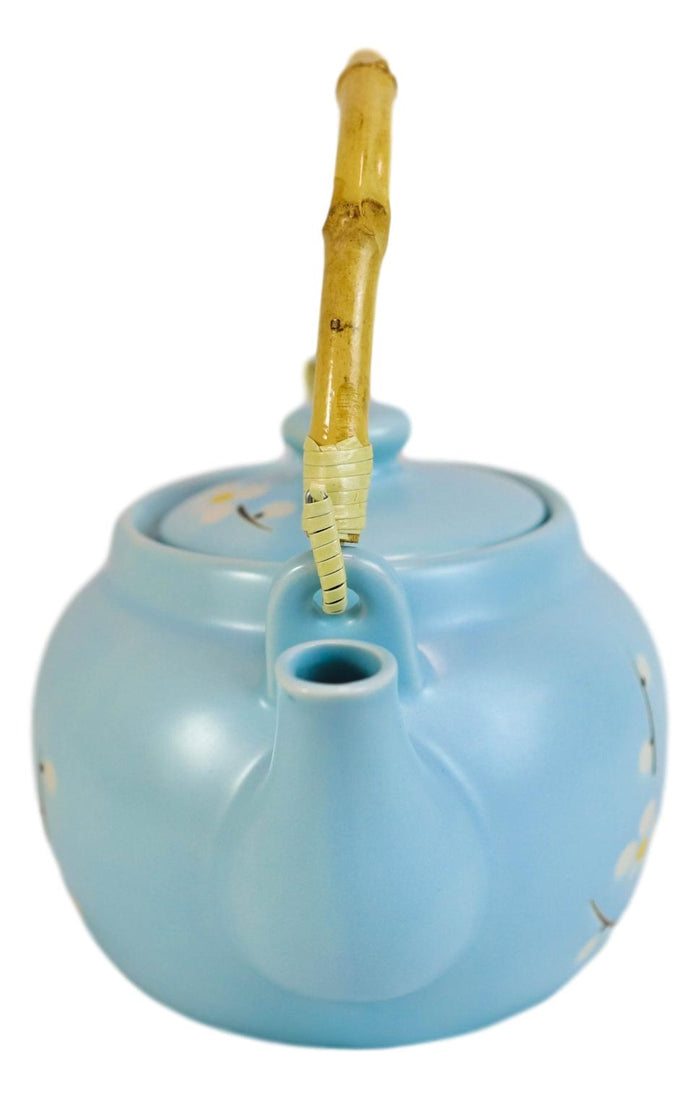 Ebros Gift Japanese Sakura Cherry Blossom Branches Pastel Blue Ceramic Tea Pot Teapot 40oz