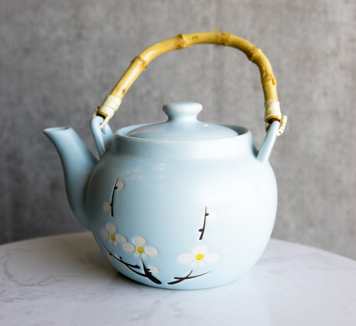 ebros gift Japanese Sakura Cherry Blossom Branches Pastel Blue Ceramic Tea Pot Teapot 40oz