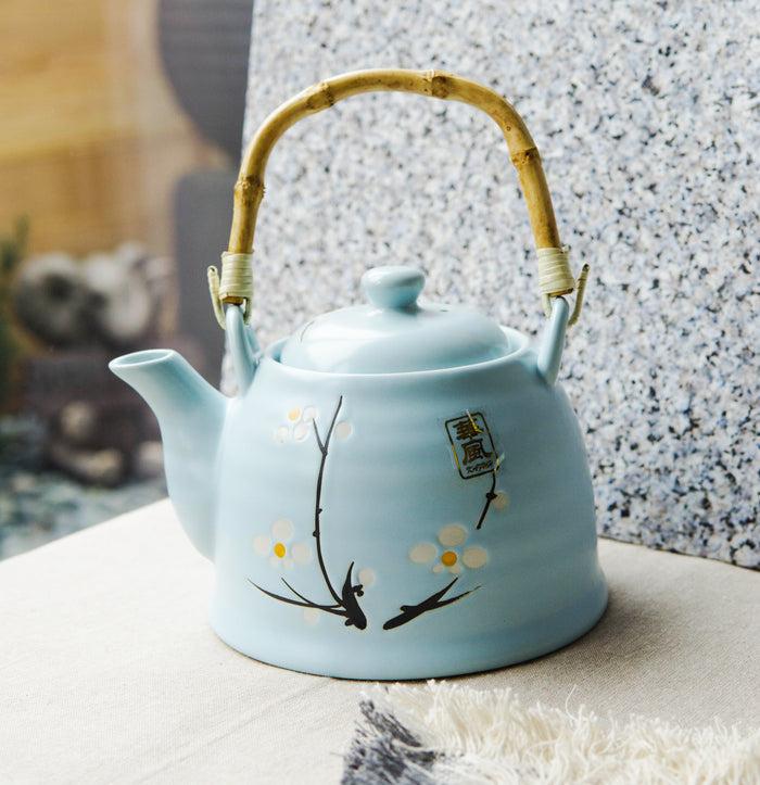 ebros gift Japanese Sakura Cherry Blossom Branches Pastel Blue Ceramic Tea Pot Teapot 36oz
