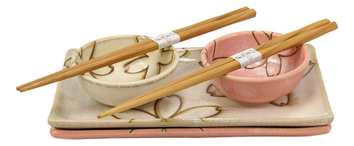 Ebros Gift Japanese Sakura Cherry Blossom Porcelain Sushi Dinnerware 6PC Set Pink And Beige