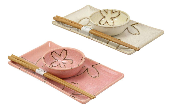 Ebros Gift Japanese Sakura Cherry Blossom Porcelain Sushi Dinnerware 6PC Set Pink And Beige