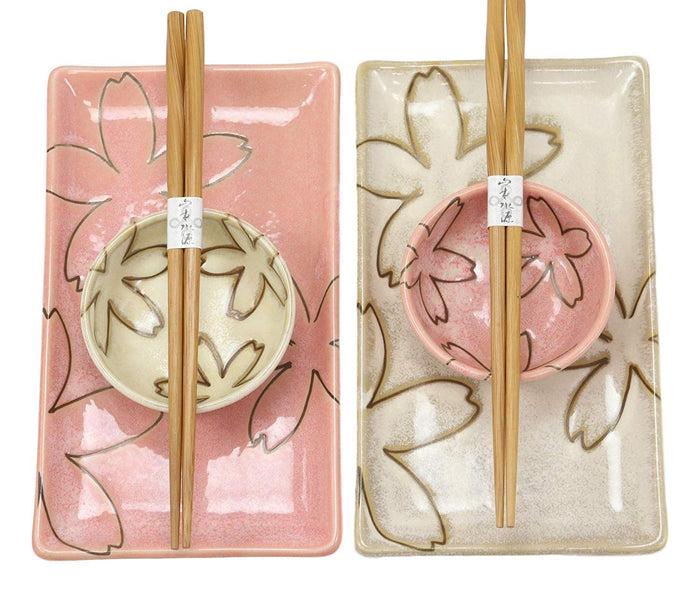 ebros gift Japanese Sakura Cherry Blossom Porcelain Sushi Dinnerware 6PC Set Pink And Beige