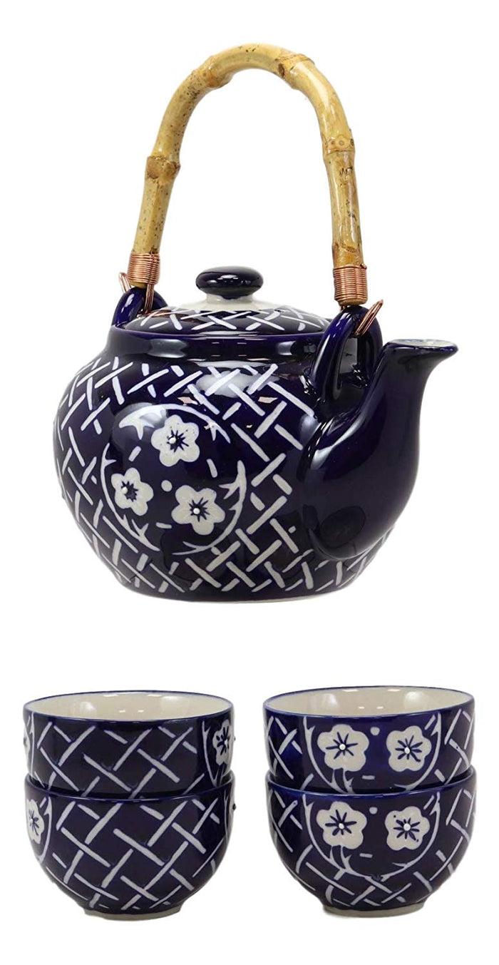 Ebros Gift Japanese Sakura Cherry Blossoms Floral Blooms Large 25oz Tea Pot With 4 Cups Set