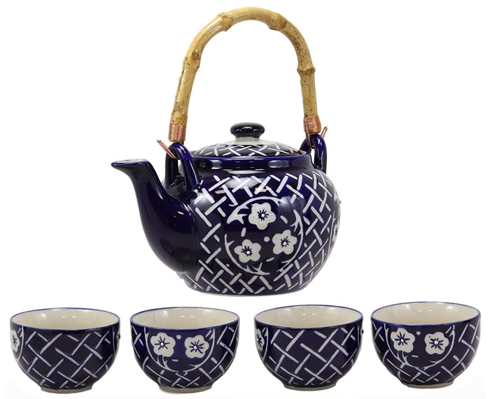 Ebros Gift Japanese Sakura Cherry Blossoms Floral Blooms Large 25oz Tea Pot With 4 Cups Set