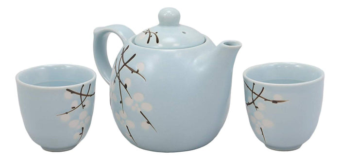 Ebros Gift Japanese Sakura Pastel Sky Blue Cherry Blossom Porcelain 20oz Tea Pot And 2 Cups