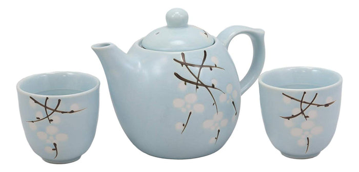Ebros Gift Japanese Sakura Pastel Sky Blue Cherry Blossom Porcelain 20oz Tea Pot And 2 Cups