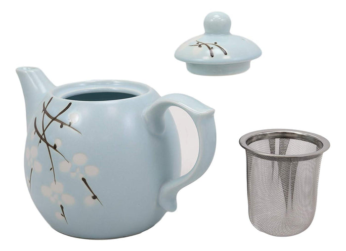 Ebros Gift Japanese Sakura Pastel Sky Blue Cherry Blossom Porcelain 20oz Tea Pot And 2 Cups