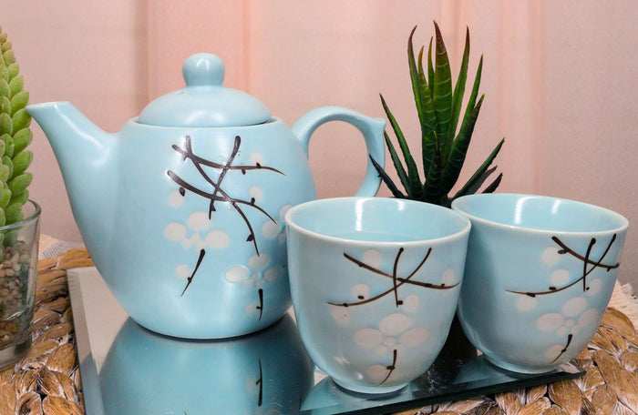 ebros gift Japanese Sakura Pastel Sky Blue Cherry Blossom Porcelain 20oz Tea Pot and 2 Cups