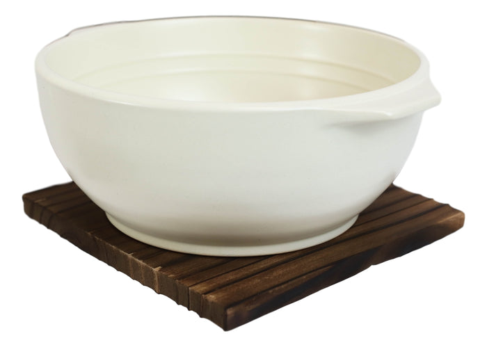 Ebros Gift Japanese White Donabe Ceramic Hot Clay Pot Bowl Casserole 32oz With Wooden Base