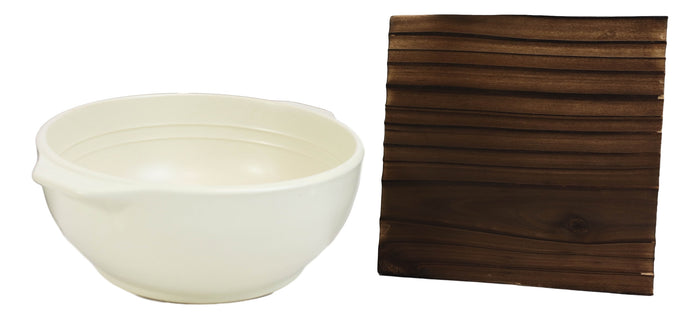 Ebros Gift Japanese White Donabe Ceramic Hot Clay Pot Bowl Casserole 32oz With Wooden Base
