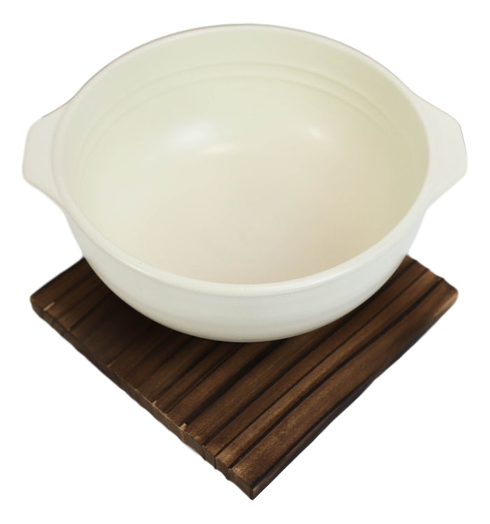 Ebros Gift Japanese White Donabe Ceramic Hot Clay Pot Bowl Casserole 32oz With Wooden Base