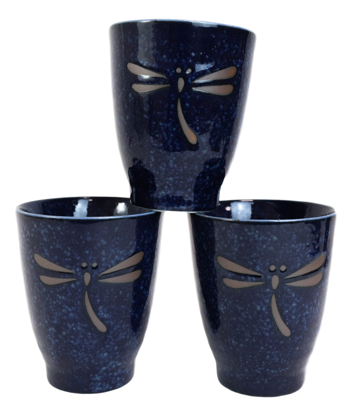 Ebros Gift Japanese Zen Dragonfly Speckled Blue Porcelain 10oz Coffee Tea Cups Set Of 4