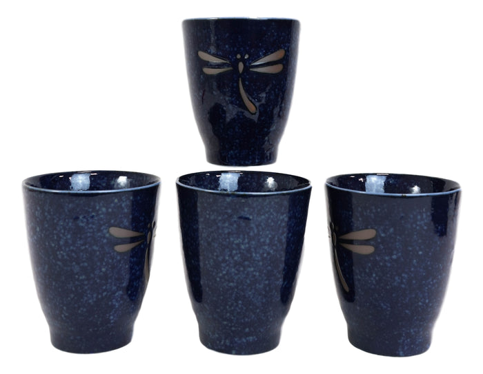 Ebros Gift Japanese Zen Dragonfly Speckled Blue Porcelain 10oz Coffee Tea Cups Set Of 4