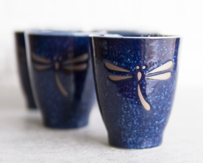 ebros gift Japanese Zen Dragonfly Speckled Blue Porcelain 10oz Coffee Tea Cups Set of 4