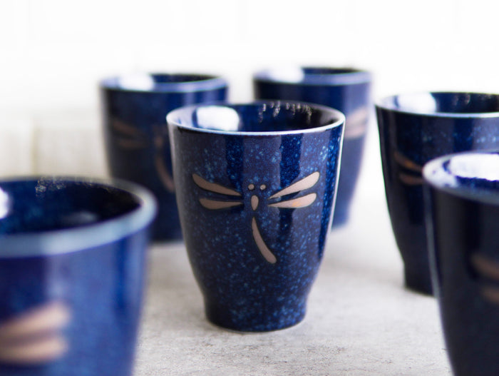 ebros gift Japanese Zen Dragonfly Speckled Blue Porcelain 10oz Coffee Tea Cups Set of 6