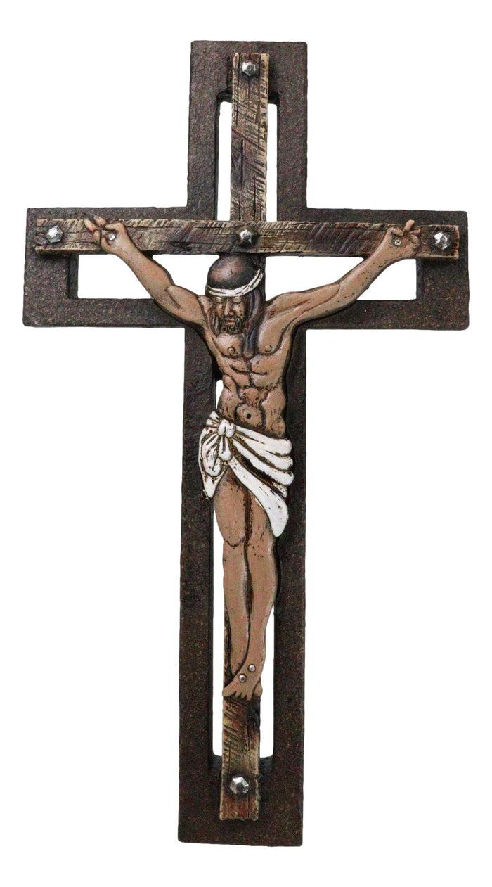 ebros gift Jesus Christ Crucified Faux Wooden Rustic Bronze Layered Christian Wall Cross