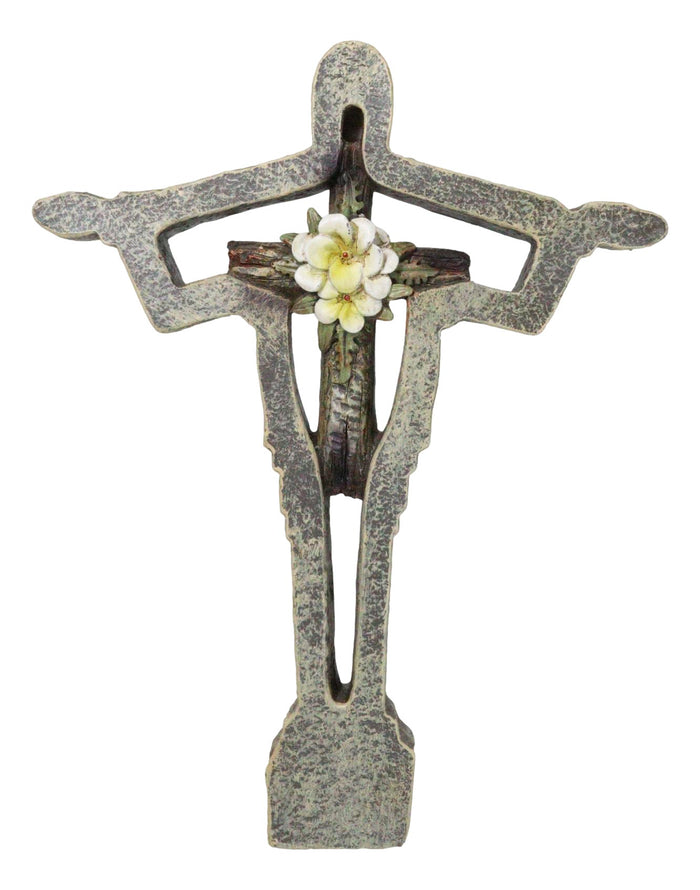 ebros gift Jesus Christ The Redeemer With White Flower Faux Wooden Layered Wall Cross