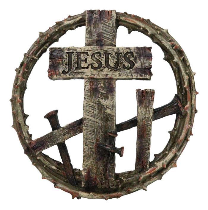 ebros gift Jesus Cross With Nails And Crown Of Thorns Faux Wood Finish Wall Circle Plaque