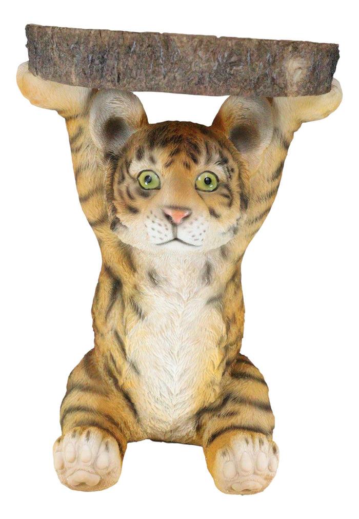 Ebros Gift Jungle Bengal Orange Tiger Cub Holding Faux Wood Slice Table Stand Figurine