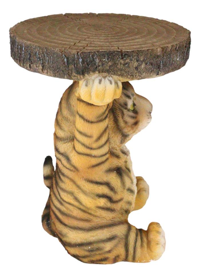 Ebros Gift Jungle Bengal Orange Tiger Cub Holding Faux Wood Slice Table Stand Figurine