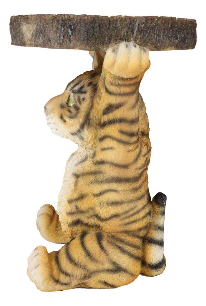 Ebros Gift Jungle Bengal Orange Tiger Cub Holding Faux Wood Slice Table Stand Figurine