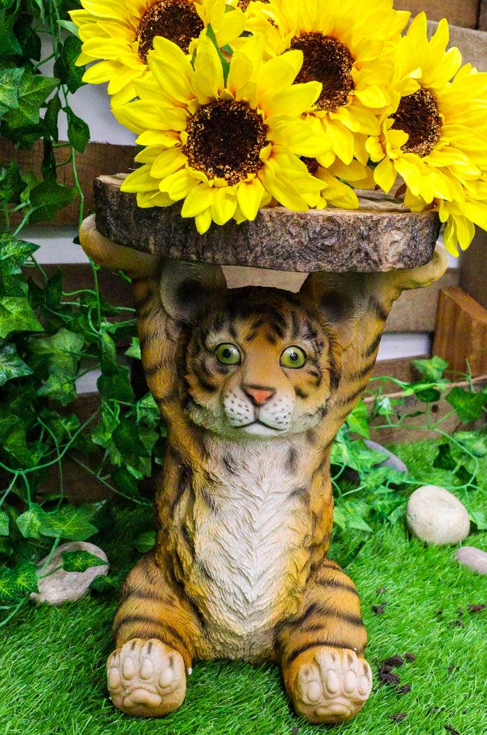 ebros gift Jungle Bengal Orange Tiger Cub Holding Faux Wood Slice Table Stand Figurine