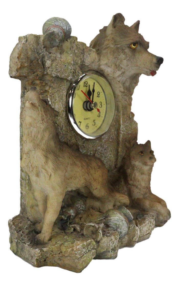 Ebros Gift Jungle Forest Woodlands Howling Gray Wolf Timberwolf Family Table Clock Figurine