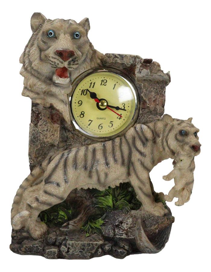 Ebros Gift Jungle Rainforest Apex Predator White Tiger And Cub Family Table Clock Figurine