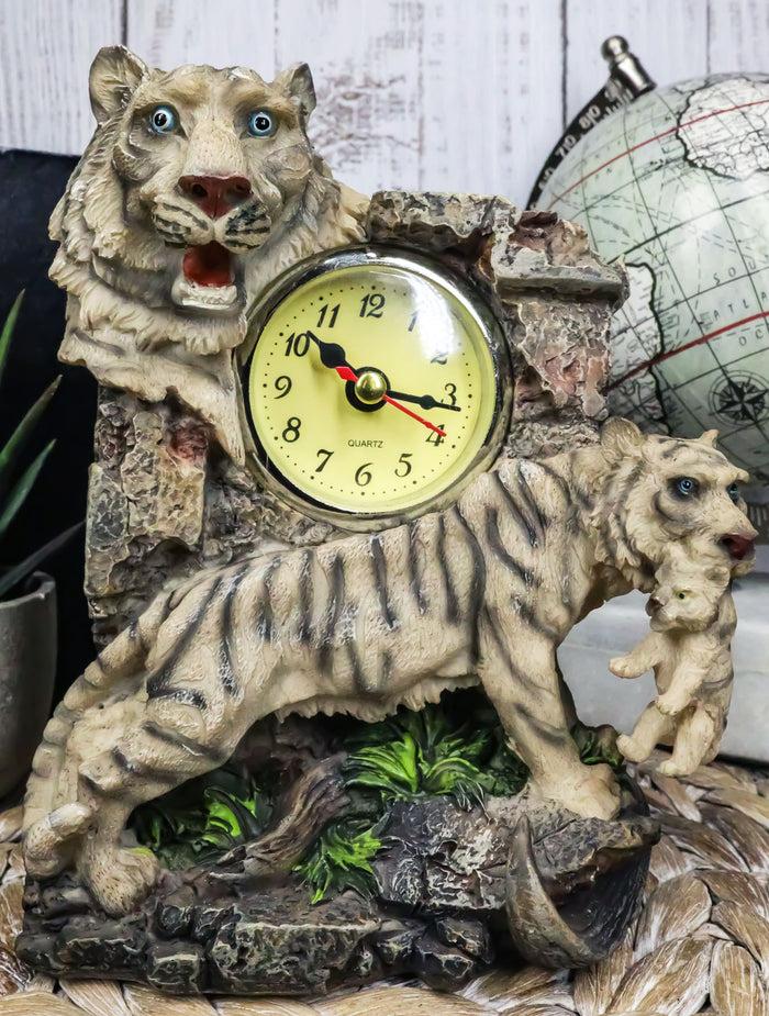 ebros gift Jungle Rainforest Apex Predator White Tiger And Cub Family Table Clock Figurine