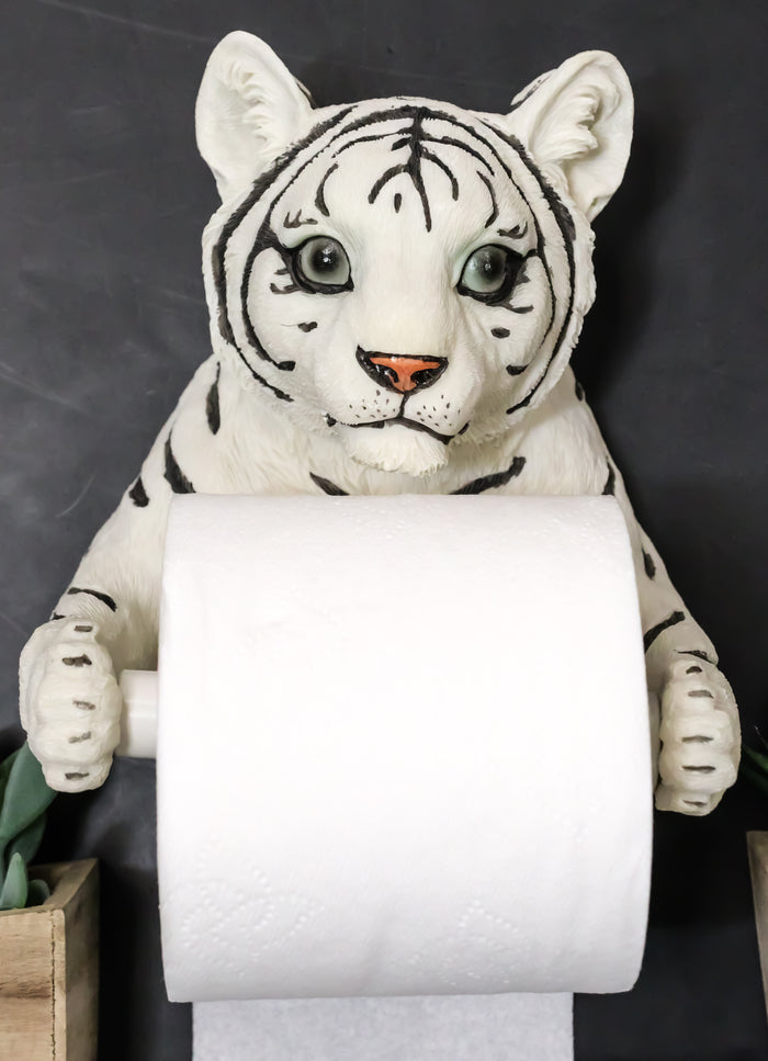 ebros gift Jungle White Siberian Bengal Tiger Baby Cub Toilet Paper Holder Figurine 8.25"H