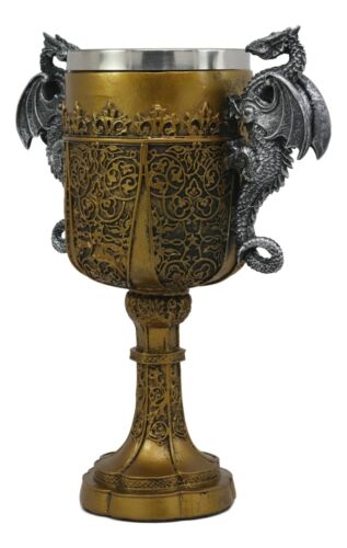 Ebros Gift King Arthur Holy Grail The Golden Cup Of Life Dual Dragons Wine Goblet Chalice