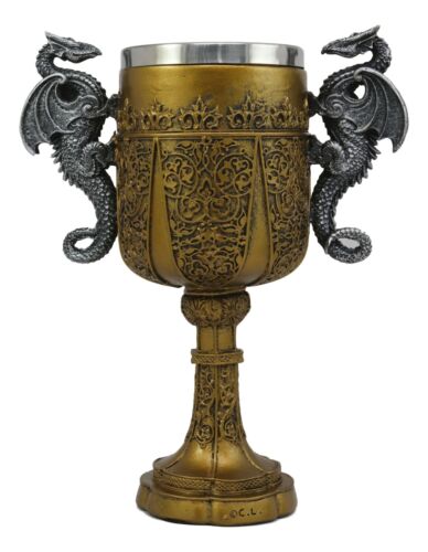 Ebros Gift King Arthur Holy Grail The Golden Cup Of Life Dual Dragons Wine Goblet Chalice