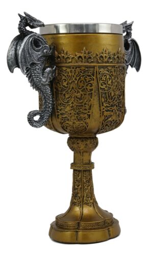 Ebros Gift King Arthur Holy Grail The Golden Cup Of Life Dual Dragons Wine Goblet Chalice
