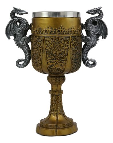 ebros gift King Arthur Holy Grail The Golden Cup Of Life Dual Dragons Wine Goblet Chalice