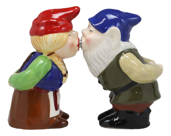 Ebros Gift Kissing Mr & Mrs Gnome Couple Magnetic Salt Pepper Shakers Ceramic Figurine Set