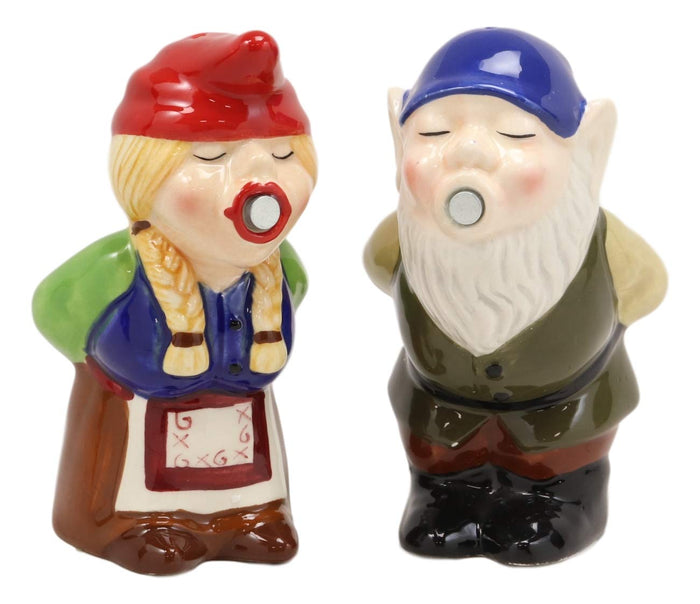 Ebros Gift Kissing Mr & Mrs Gnome Couple Magnetic Salt Pepper Shakers Ceramic Figurine Set