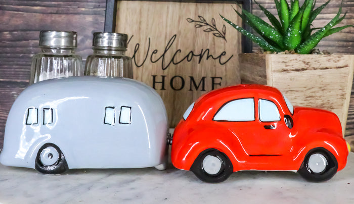 ebros gift Kissing Red Vintage Car And Grey Camper Trailer Magnetic Salt And Pepper Shakers